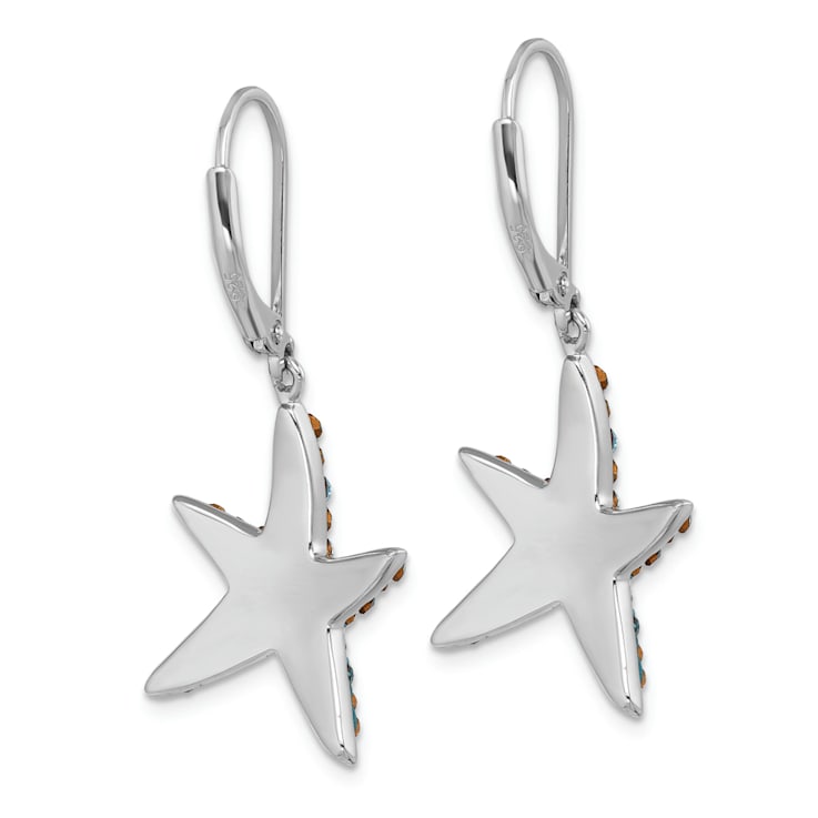 Rhodium Over Sterling Silver Polished Crystal Starfish Leverback Earrings