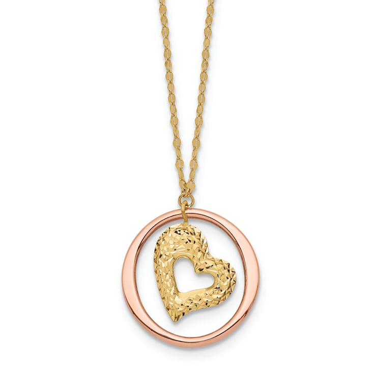 14K Two-tone Fancy Link Diamond-cut Heart in Open Circle Necklace