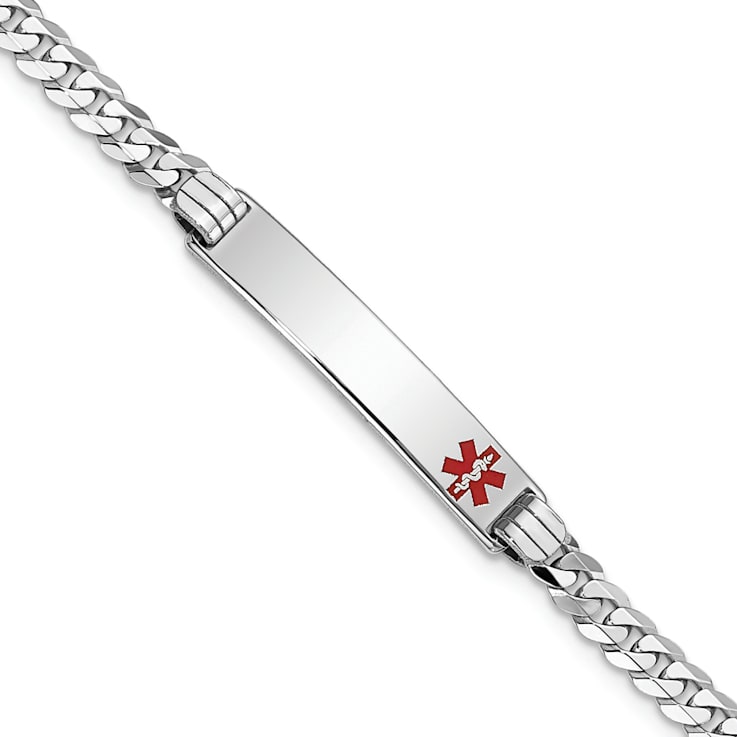 Rhodium Over 14k White Gold Medical Red Enamel Flat Curb Link ID Bracelet