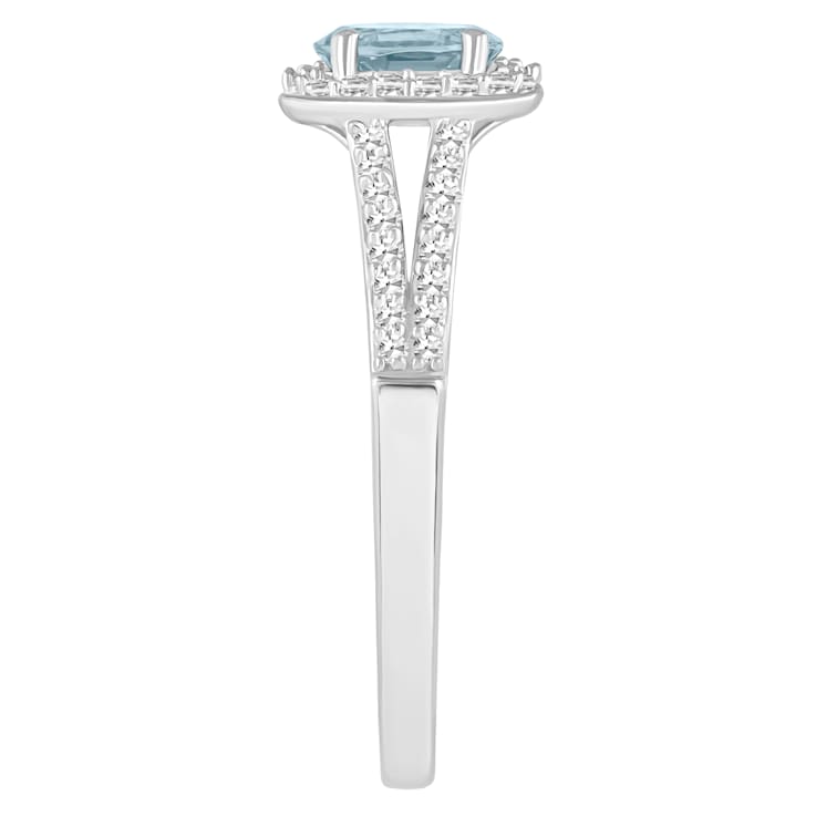 6x4mm Oval Aquamarine 1/4 ctw Diamond Rhodium Over Sterling Silver Halo Ring