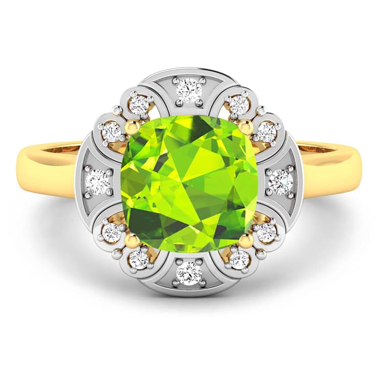 Green Peridot and White Diamond 14K Yellow Gold Halo Ring 2.11 ctw