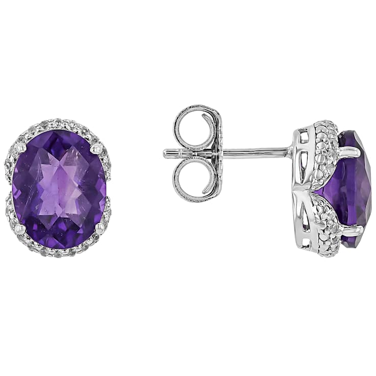 African Amethyst And Zircon Stud Earrings In Sterling Silver