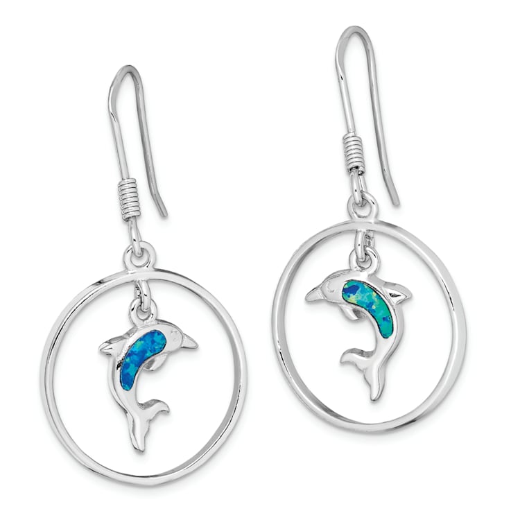 Rhodium Over Sterling Silver with Lab Created Opal Dolphin Dangle Earrings