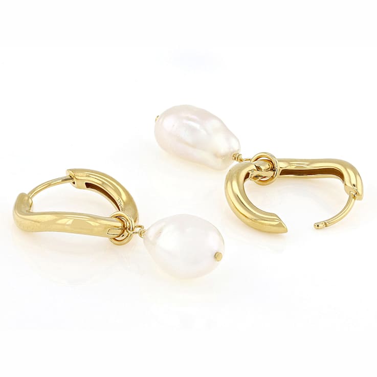 Freshwater Pearl Drop Earrings 10mm In 14K Gold Over Sterling Silver