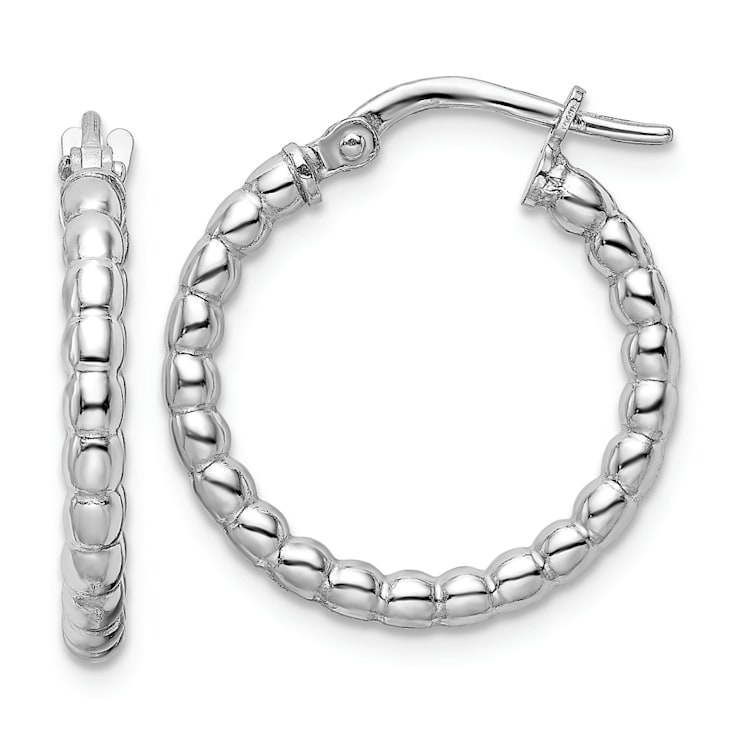 Rhodium Over Sterling Silver Polished 2.25mm Beaded Hoop Earrings