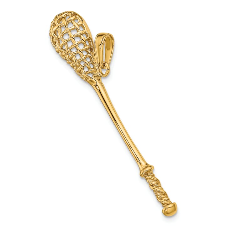 14k Yellow Gold Solid 3D Polished and Textured Lacrosse Stick Pendant