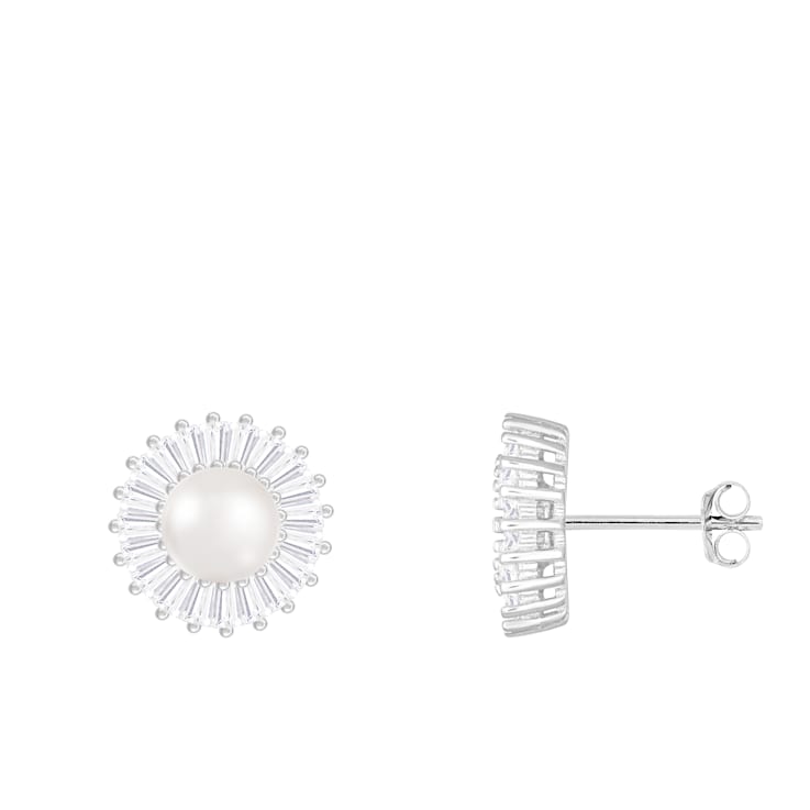 6.5-7mm White Cultured Freshwater Pearl Rhodium Over Sterling Silver Earrings