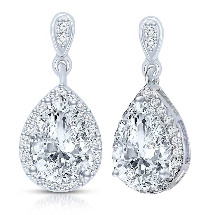 Pear Shape CZ Halo Drop Earrings In Sterling Silver
