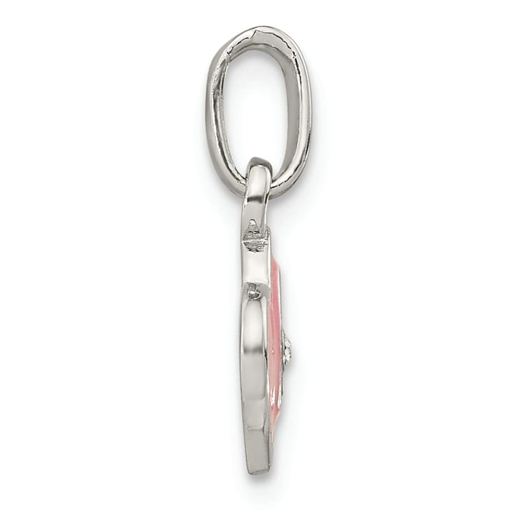 Rhodium Over Sterling Silver Pink Enamel Cubic Zirconia Double Heart Pendant