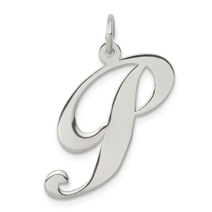 Rhodium Over Sterling Silver Fancy Script Letter P Initial Charm