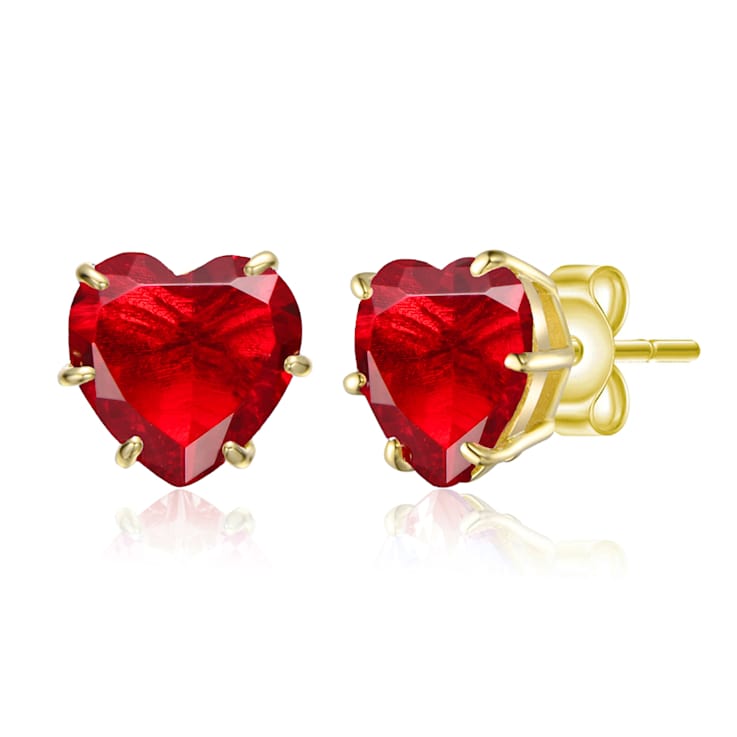 Ruby Color CZ Heart Shape Stud Earrings In 14K Gold Over Brass