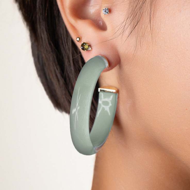14K Yellow Gold Over Sterling Silver Medium Illusion Acrylic Hoops in Watercress