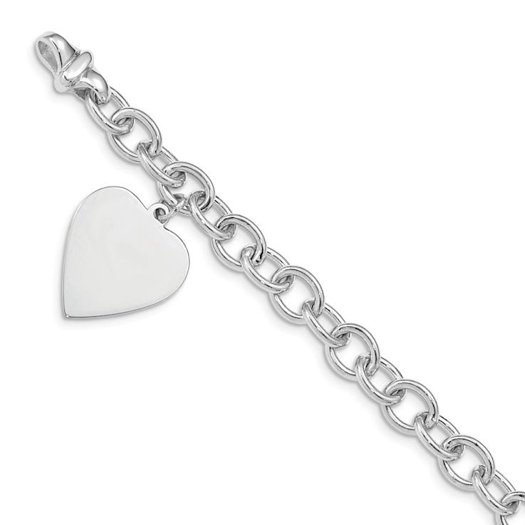 Rhodium Over 14k White Gold Polished Link with Heart Charm Bracelet
