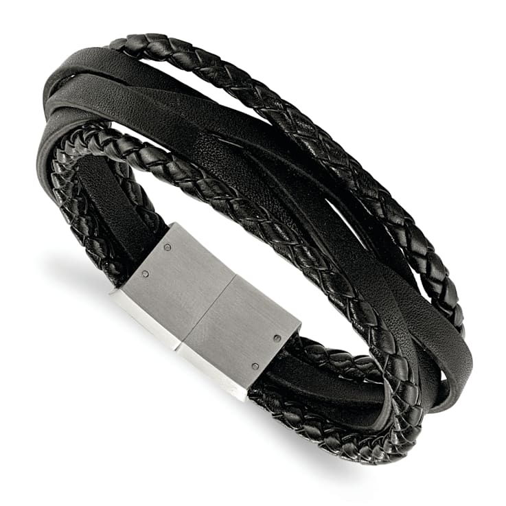 Black Leather and Stainless Steel Brushed Braided Multi-Strand 8.25-inch Bracelet