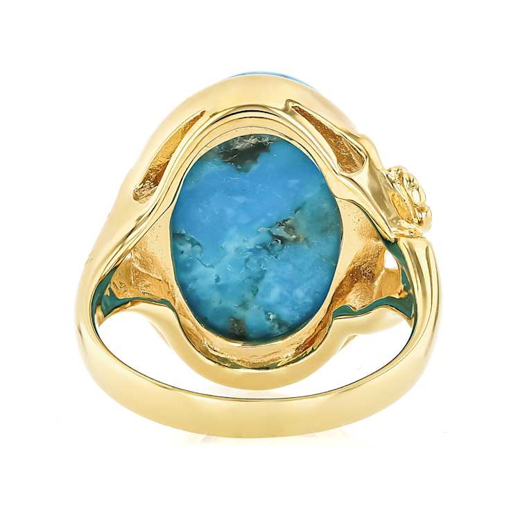 Turquoise Oval Ring With Flower Detail In 18K Gold Over Sterling Silver 18x13mm