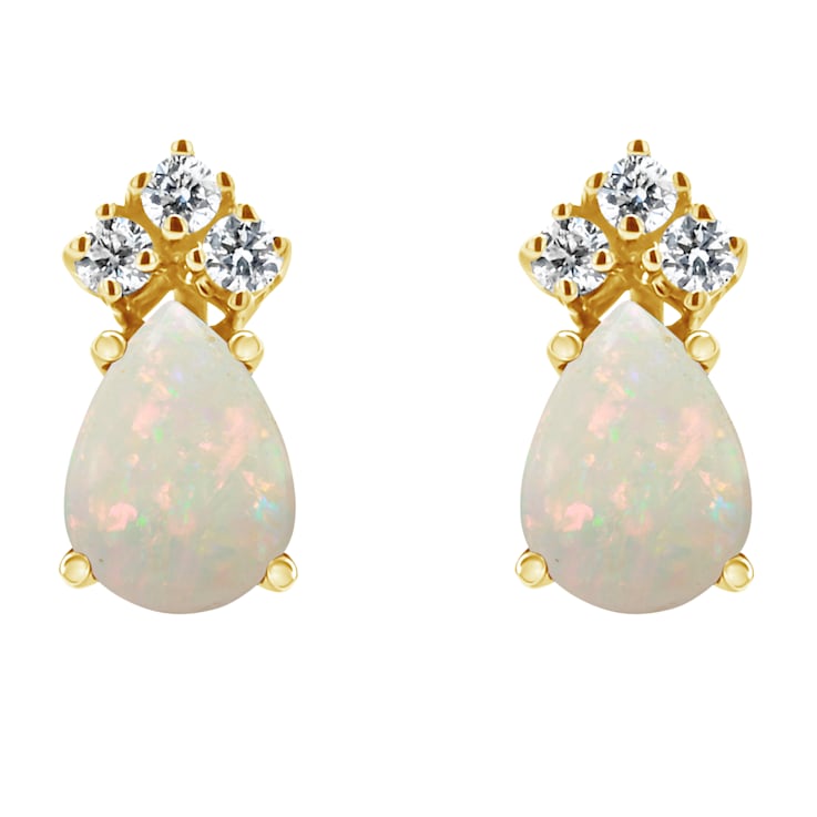 7x5mm Pear Shape Opal with Diamond Accents 14k Yellow Gold Stud Earrings