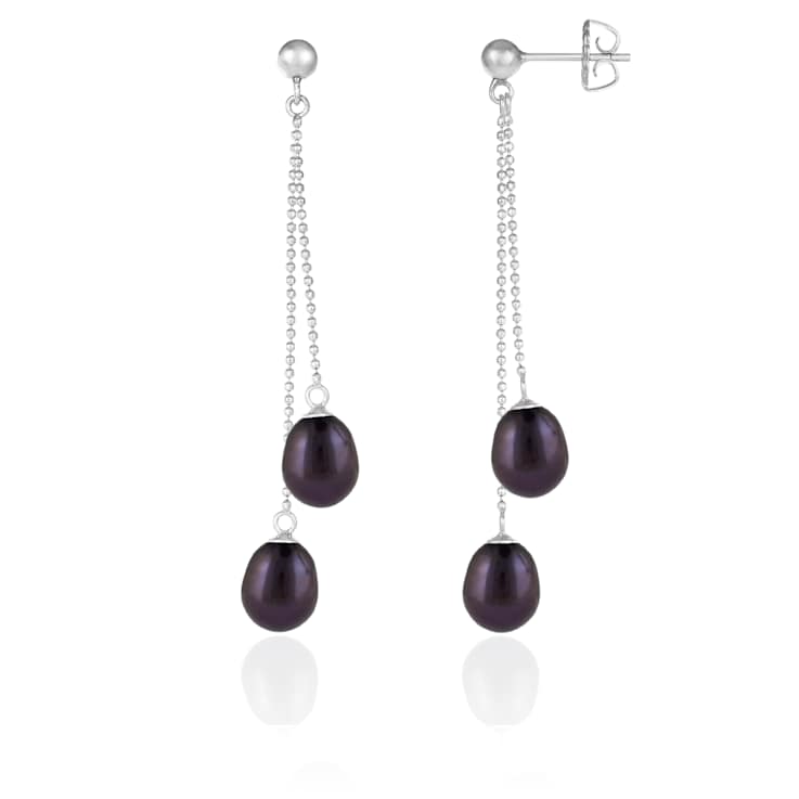 7-7.5mm Black Cultured Freshwater Pearl Rhodium Over Sterling Silver Earrings
