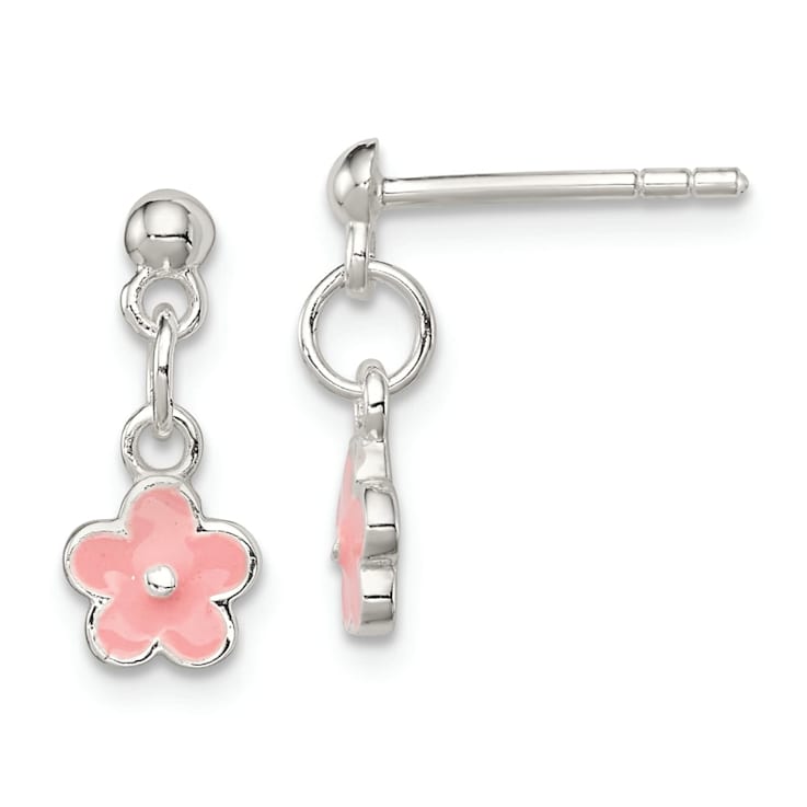 Sterling Silver Pink Enamel Flower Children's Post Dangle Earrings