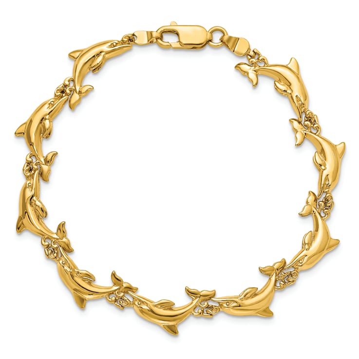 14k Yellow Gold Polished 3D Reversible Dolphin Bracelet