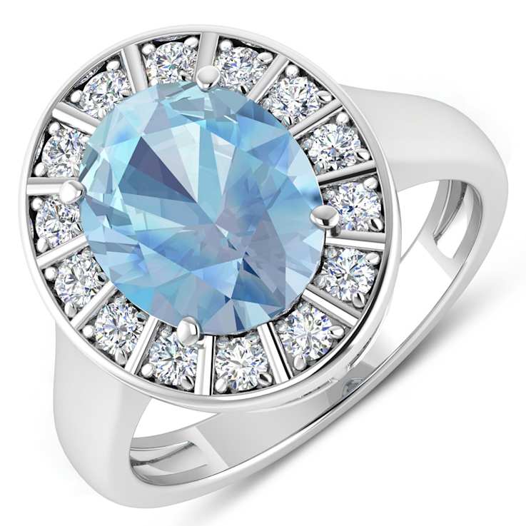 3.32ctw Blue Aquamarine and Diamond 14K White Gold Halo Ring