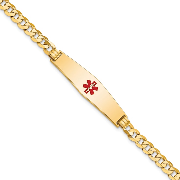 14k Yellow Gold Medical Soft Diamond Shape Red Enamel Flat Curb Link ID Bracelet