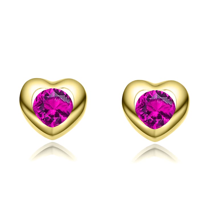 Ruby Color CZ Heart Stud Earrings In 14K Gold Over Brass
