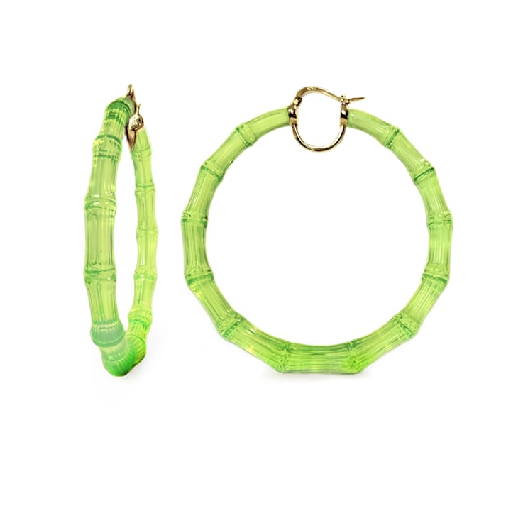 14K Yellow Gold Over Sterling Silver XL Acrylic Bamboo Hoops in Lime Green