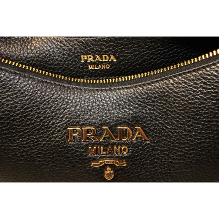 Prada Black Vitello Phenix Leather Web Stripe Strap