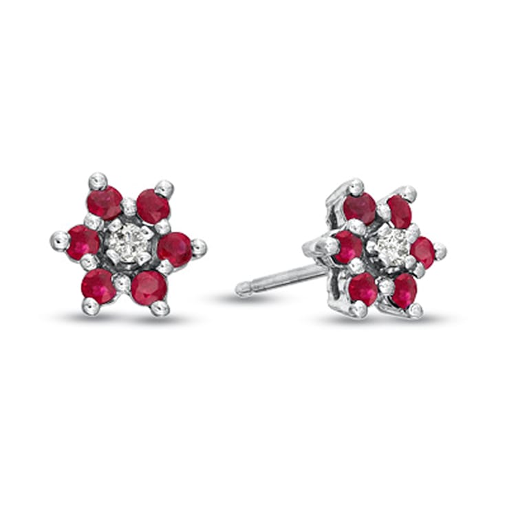 0.58ctw Ruby and Diamond Flower Cluster Earrings in 14k White Gold