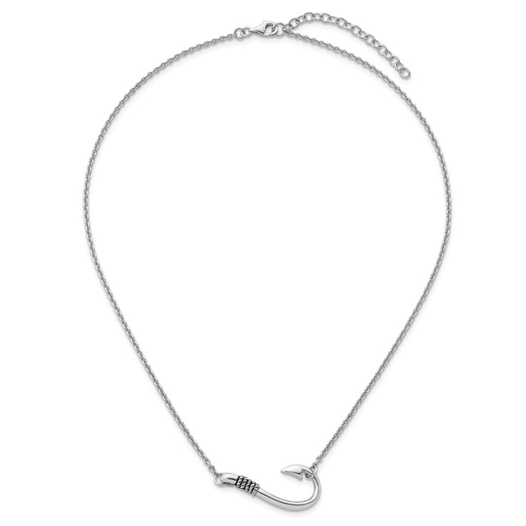 Rhodium Over Sterling Silver Polished and Antiqued 16 + 2 Inch Hook Necklace