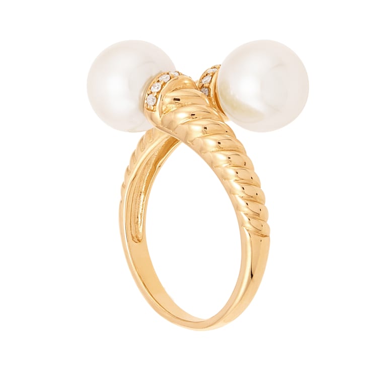 8-8.5mm Round White Freshwater Pearl 10K Yellow Gold Bypass Ring