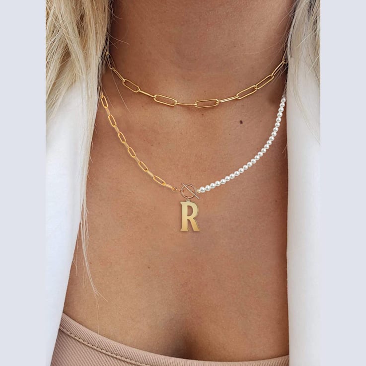 14K Gold Over Brass Initial Pearl Simulant Link Chain Necklace Letter R