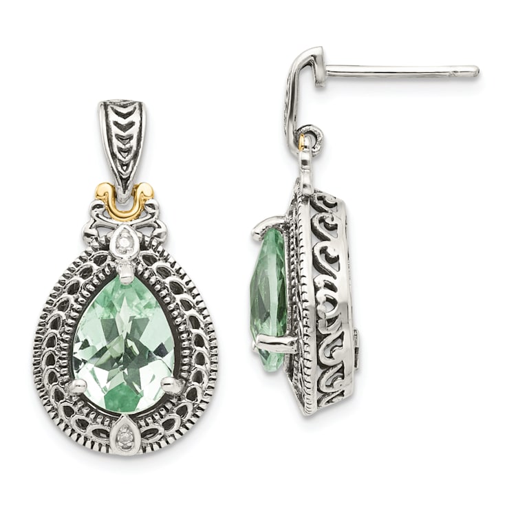 Sterling Silver Antiqued with 14K Accent Diamond and Prasiolite Earrings