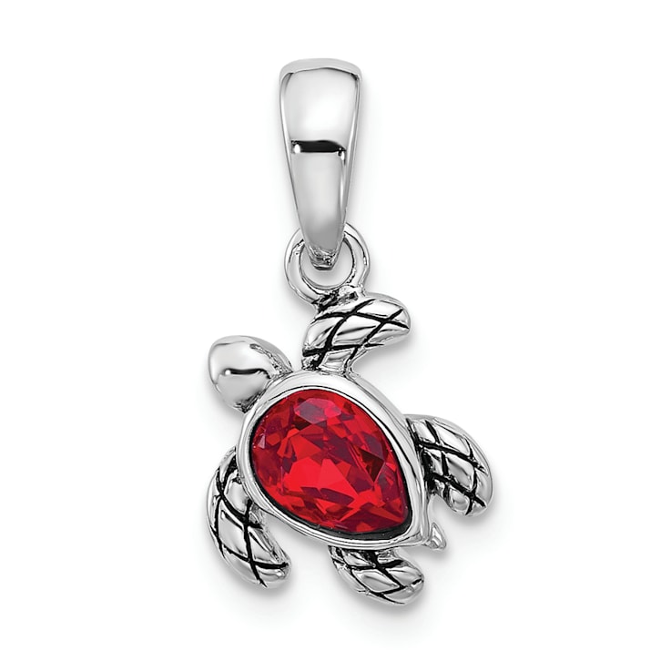 Rhodium Over Sterling Silver Antiqued Crystal July Birthstone Turtle Pendant