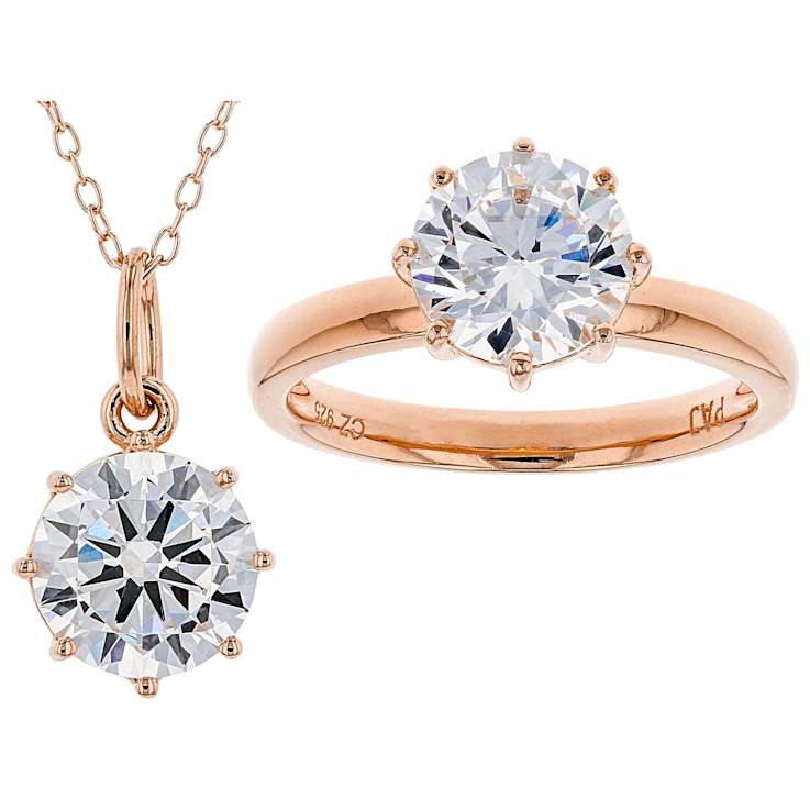 Solitaire CZ Pendant And Ring Set In 18K Rose Gold Over Sterling Silver