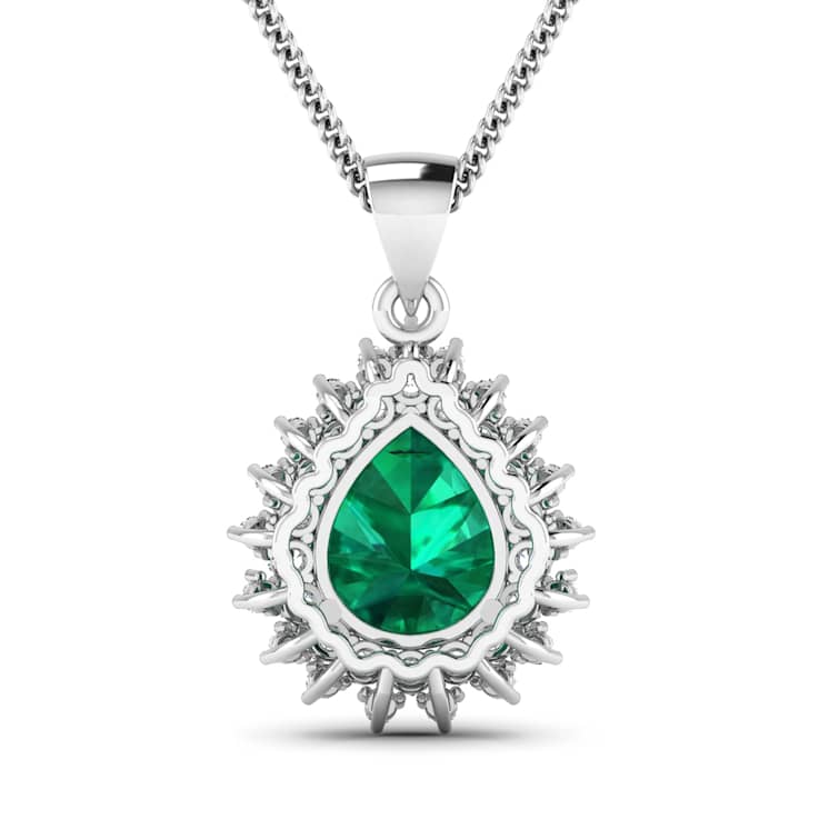 2.85ctw 14K White Gold Zambian Emerald and White Diamond Pendant with 18
inch Cable Chain