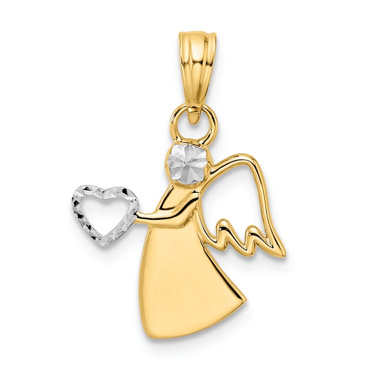 14k Two-tone Gold Diamond-cut Angel Holding Heart Pendant