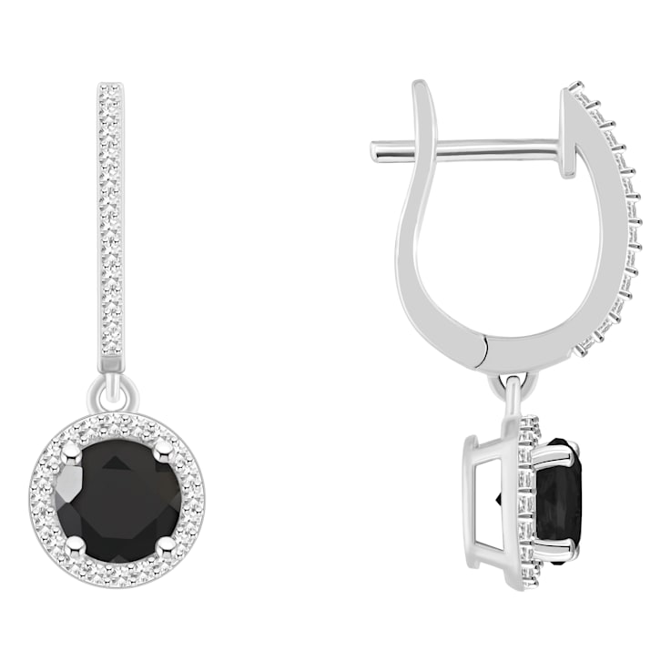 6mm Round Black Onyx 1/3 ctw Diamond Rhodium Over Sterling Silver Halo
Dangle Earrings