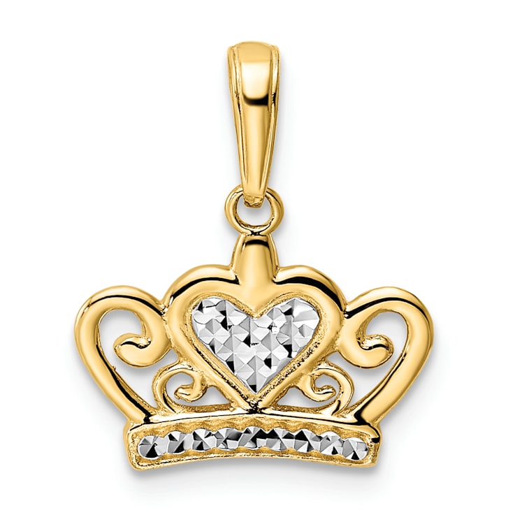 14K Yellow Gold with White Rhodium Diamond-Cut Heart Crown Pendant