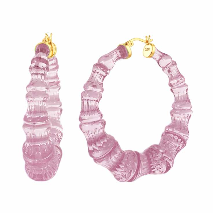 14K Yellow Gold Over Sterling Silver Bamboo Acrylic Hoops in Winter Rose