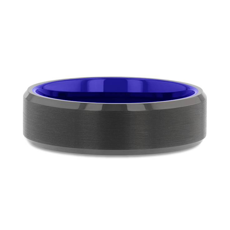 RIGEL Flat Beveled Edges Black Tungsten Ring with Brushed Center and
Vibrant Blue Ceramic Inside 6mm