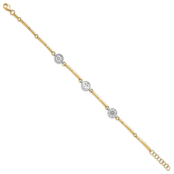 14K Two-tone Gold Polished Compass and Anchor Link Bracelet