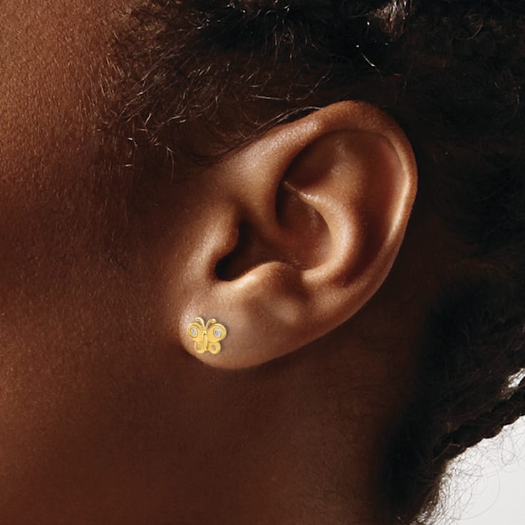 14K Yellow Gold Polished Cubic Zirconia Butterfly Post Earrings