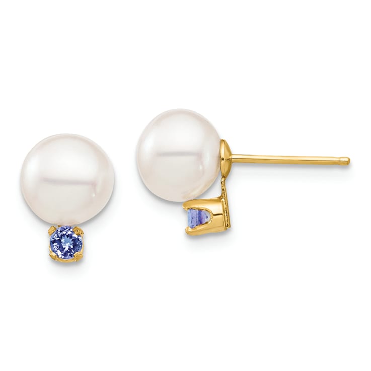 14K Yellow Gold 7-7.5mm White Round Freshwater Cultured Pearl Tanzanite
Post Earrings