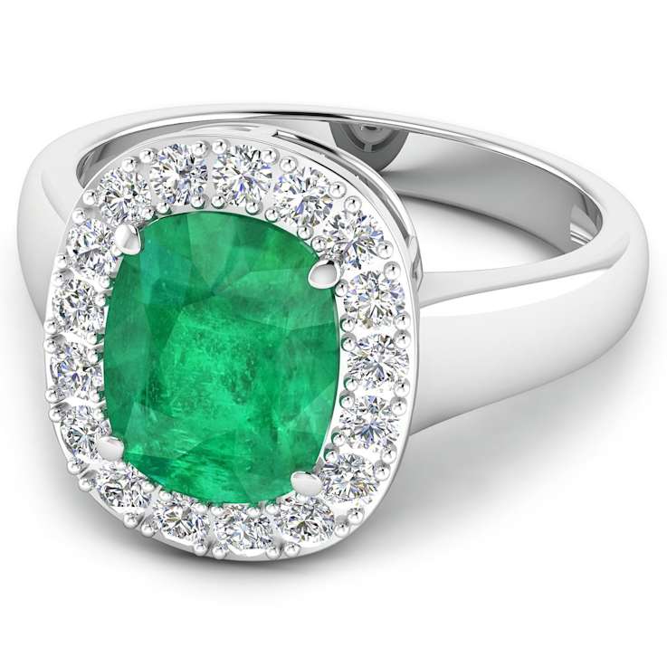 3.01ctw Green Emerald and Diamond 14K White Gold Halo Ring