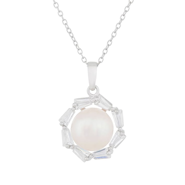 9.5-10mm White Cultured Freshwater Pearl Sterling Silver Pendant W/Chain