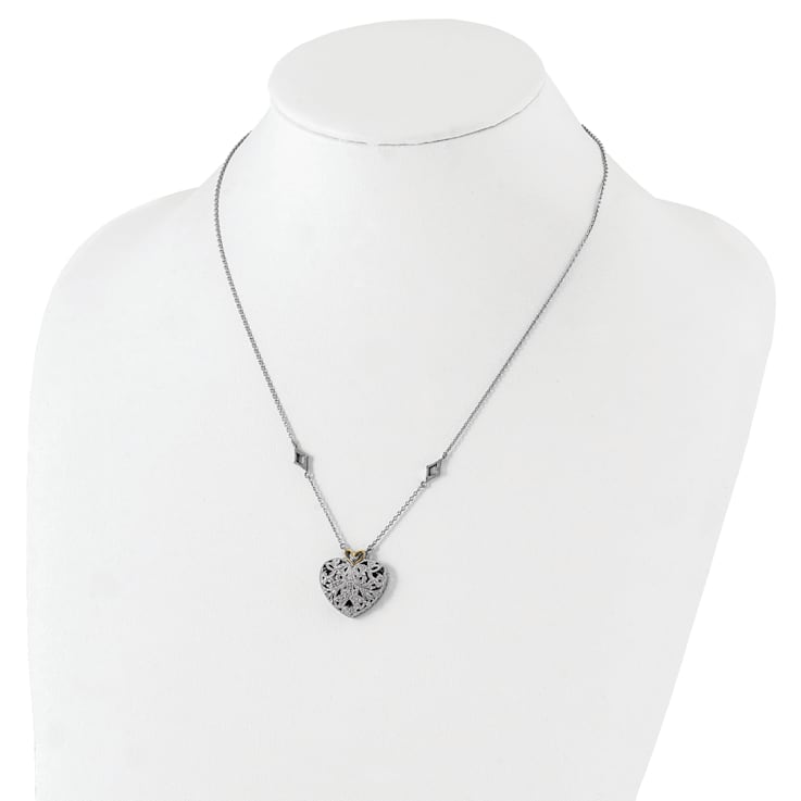 Rhodium Over Sterling Silver with 14K Accent Diamond Vintage Heart Necklace