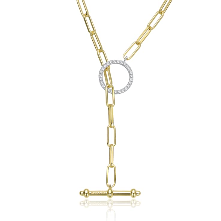 Pave CZ Paperclip Link Chain Necklace In 14K Gold Over Brass 16 Inch