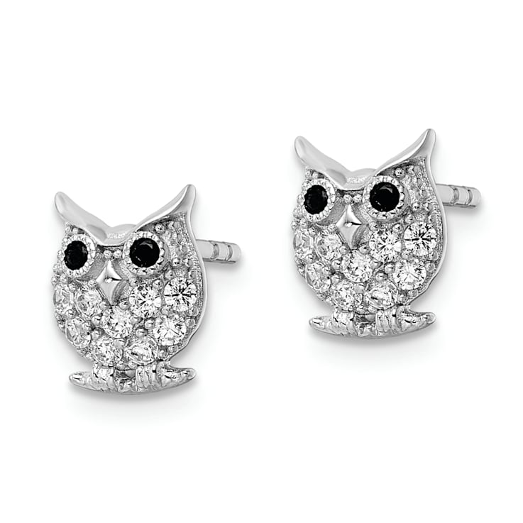 Rhodium Over Sterling Silver Black and White Cubic Zirconia Owl Post Earrings