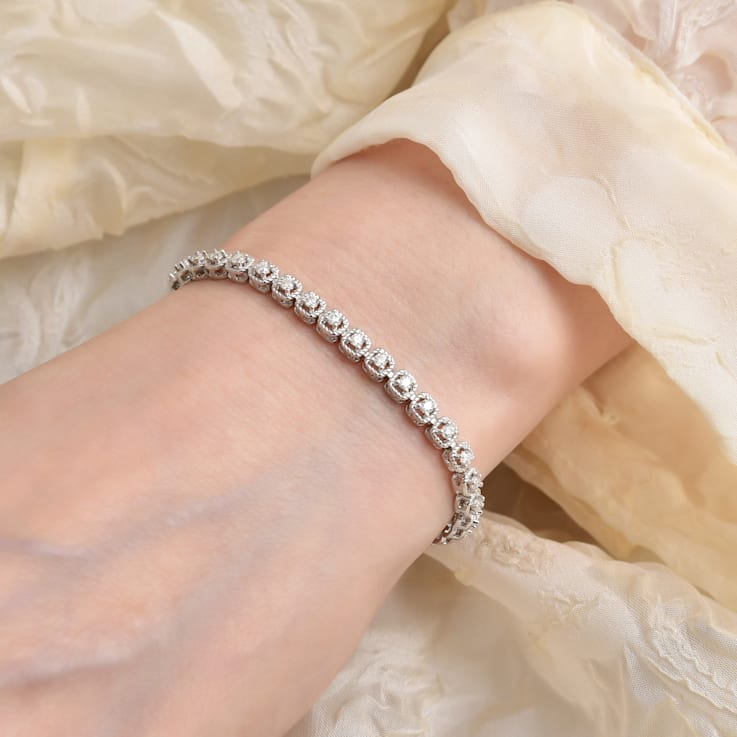 Round Moissanite Rhodium Over Sterling Silver Tennis Bracelet